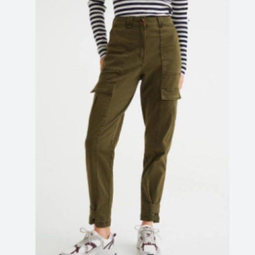 H&M Womens High Rise Cotton Cargo Tapered Leg Pant Size 8 Khaki Green